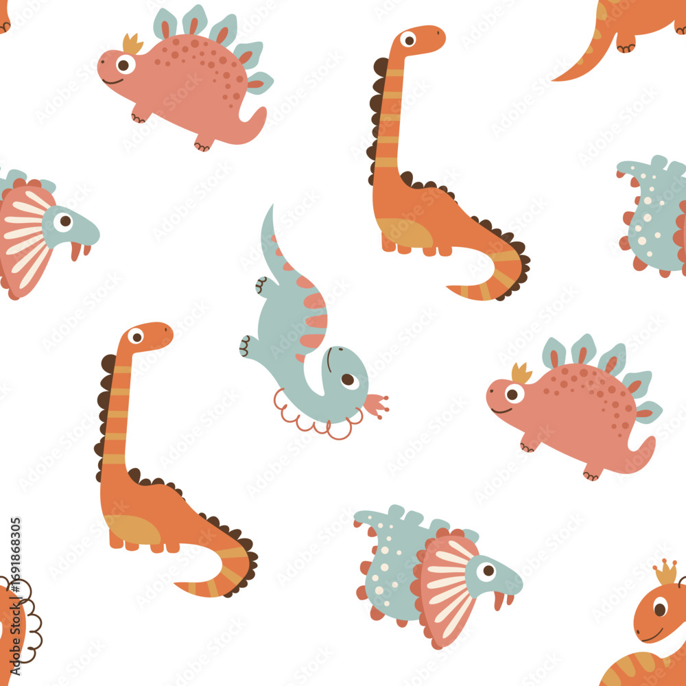 Obraz premium Seamless pattern with cute dinosaurs. Design for fabric, textile, wallpaper, packaging 