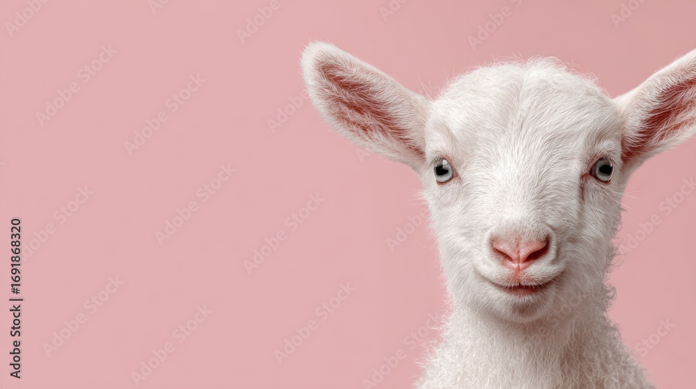 Fototapeta premium Cute White Baby Goat with Pink Background in Studio Portrait