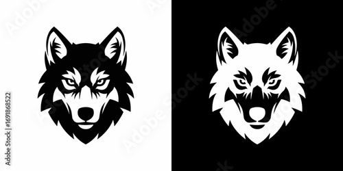 Stylized black wolf head mascot looking forward flat illustration logo