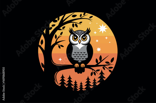 Cute owl perched on branch under a Halloween moon