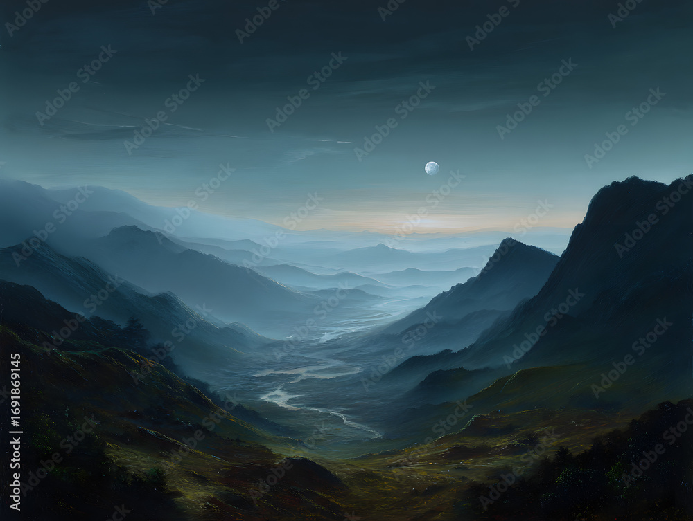 Fototapeta premium Mountain Valley Landscape at Night