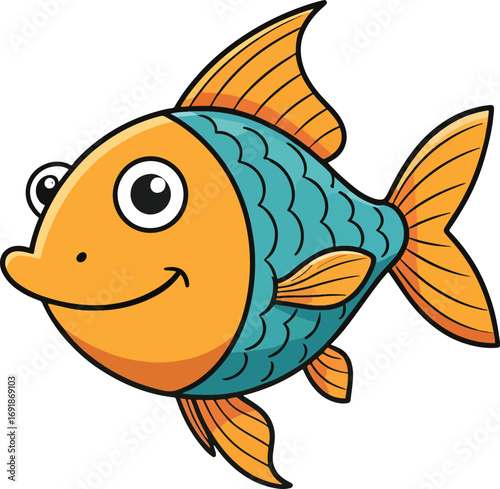 A cheerful cartoon illustration of a bright orange and blue fish with large eyes and a friendly smile, swimming in clear water. This vibrant aquatic creature is depicted in a simple, playful style