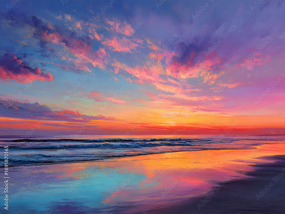 Fototapeta premium Sunset Over Ocean Reflecting Vivid Colors