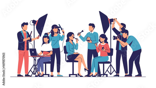 A group of diverse journalists and photographers capturing a live interview with a woman speaking into a microphone surrounded by studio lighting equipment