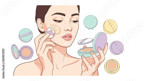 Young woman applying foundation with a puff surrounded by various shades of compact powder makeup products