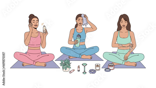 Three diverse women in comfortable activewear practicing yoga and meditation with incense and plants for wellness and relaxation