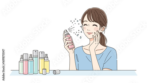 Young woman with a happy smile applying facial mist from a spray bottle to refresh her skin with a collection of beauty products nearby