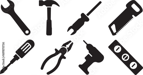 Hand Tools Collection Black and White Icons Set Isolated on Transparent Background