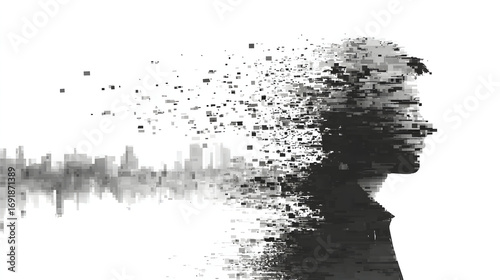 Man dissolving into cityscape represents mental health struggles and urban anxieties on a stark white canvas, conveying a sense of isolation and fragility.