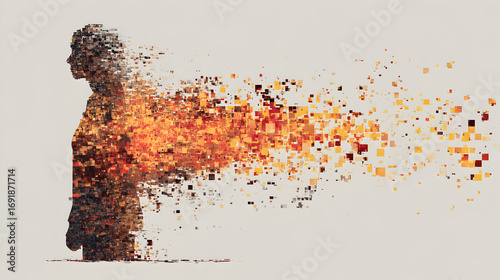 Abstract figure disintegrates into particles against a light background, symbolizing loss, transformation, and the ephemeral nature of existence.