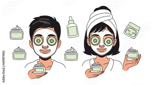 A man and a woman applying facial masks and cucumber slices to their eyes for skincare and beauty treatments at home
