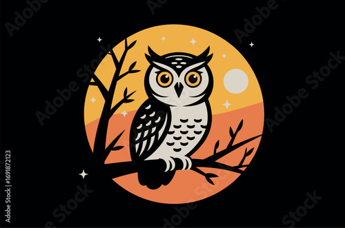 Cute owl perched on branch under a Halloween moon