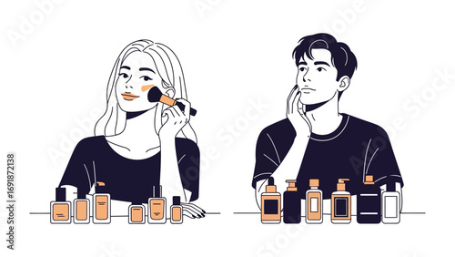 Modern illustration of a diverse couple applying makeup and skincare products together at a vanity celebrating self care and beauty routines