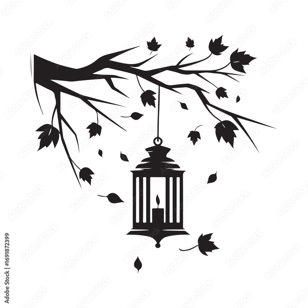 Naklejka premium lantern hanging from a tree branch with autumn leaves vector silhouette clip art logo design illustration