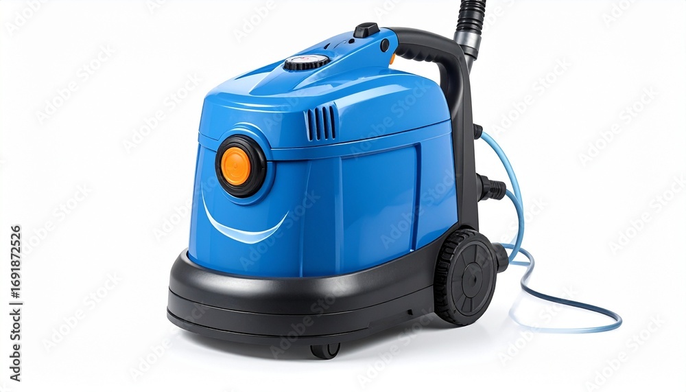 Fototapeta premium Render a blue industrial vacuum cleaner with black hose, metal extension tube, and flat nozzle, featuring cylindrical body, wheels, and top handle, isolated on white background for utility focus.