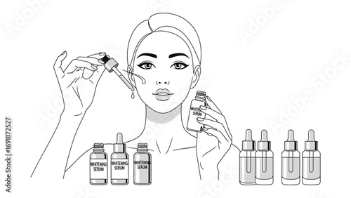 Elegant sketch of a woman with a towel on her head applying serum from a dropper bottle to her face surrounded by cosmetic bottles