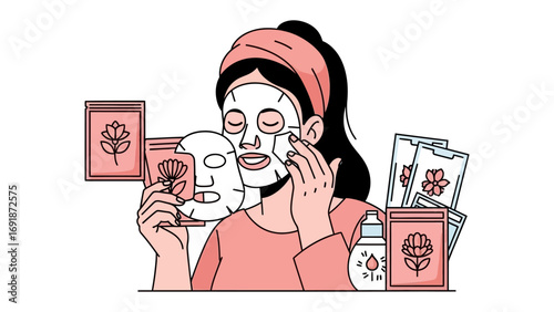 Young woman with a pink towel on her head applying a sheet mask to her face surrounded by skincare products and packaging