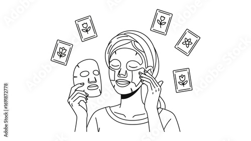 Woman applying a facial sheet mask to her face while holding another mask surrounded by floating cards with beauty symbols and skincare icons in a minimalist line art style