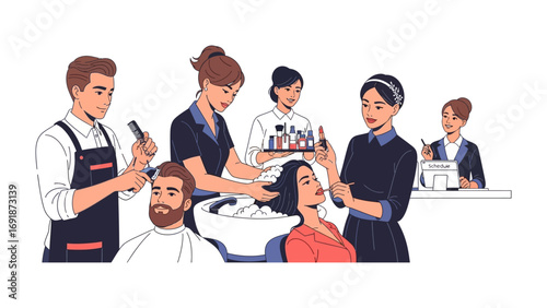 Diverse group of hairstylists and clients in a modern salon receiving various beauty treatments and consultations for hair care services