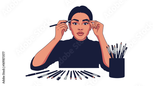 A focused young woman applying eyebrow makeup with a brush surrounded by various cosmetic tools and brushes on a white background illustrating beauty and personal care