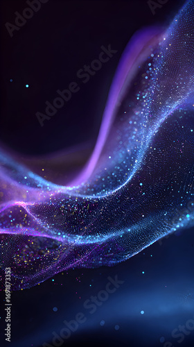 Abstract shimmering wave flows through dark space filled with glowing particles, creating a dreamy and ethereal atmosphere.