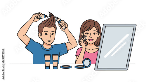 Young man styling his hair with gel and a young woman applying makeup in front of a mirror preparing for the day