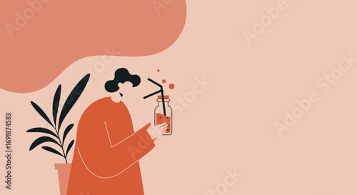 Minimalist illustration of a person enjoying a refreshing drink from a reusable bottle at home. Represents self-care, healthy lifestyle, and wellness.