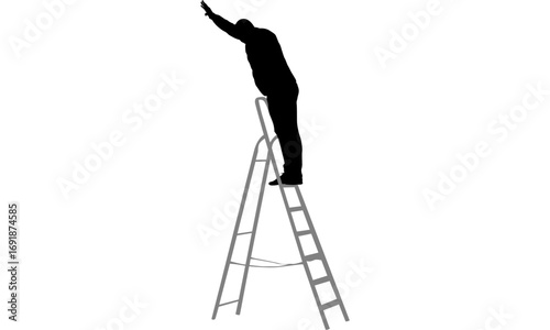 Silhouette of a man reaching high on a stepladder.