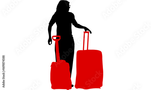 A black silhouette of a female traveler standing with two bright red rolling suitcases against a white background.