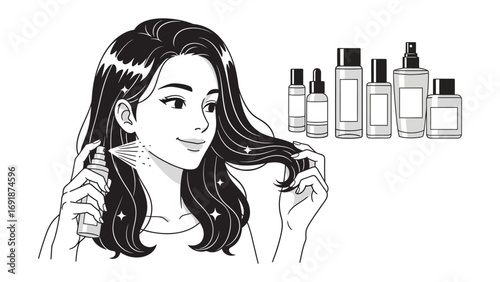 Hand drawn black and white illustration of a happy young woman with long flowing hair touching her strands next to a collection of skincare or beauty product bottles