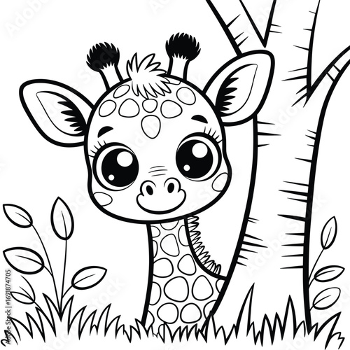A cute cartoon baby giraffe with large eyes peeking from behind a tree trunk and surrounded by grass and leaves