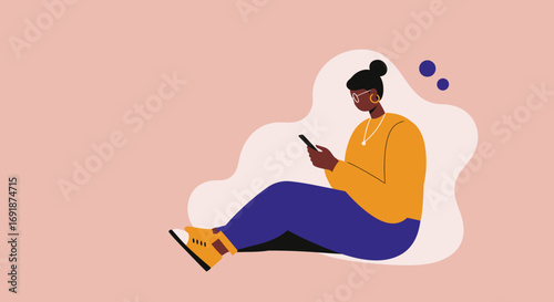 Modern woman engrossed in her smartphone, representing digital communication, social media, and connected lifestyle. Ideal for technology and mobile concepts.