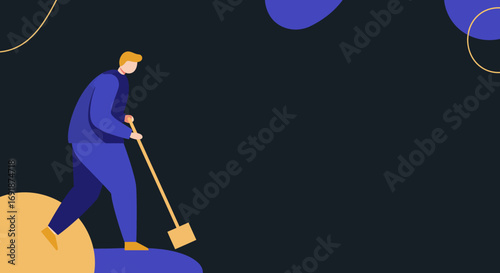 Minimalist illustration of a person sweeping or working, symbolizing effort, progress, and maintenance. Ideal for business, technology, or clean-up concepts.