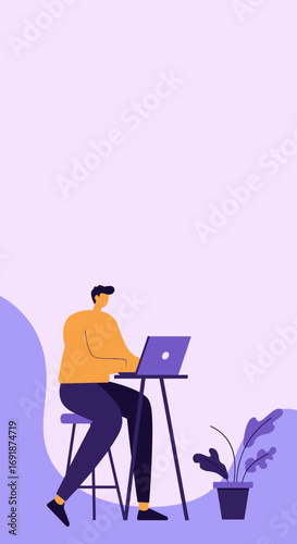 Productive man working on his laptop in a minimalist setting, suitable for concepts of remote work, freelancing, or digital lifestyle.