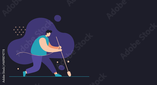 Minimalist illustration of a person diligently sweeping or cleaning an abstract space, symbolizing effort, maintenance, and task completion. Ideal for business and lifestyle concepts.