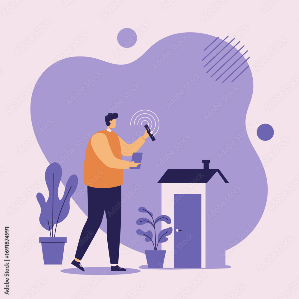 Obraz premium Man using smart home technology to control devices with a remote and smartphone, illustrating modern home automation and connectivity for efficient living.