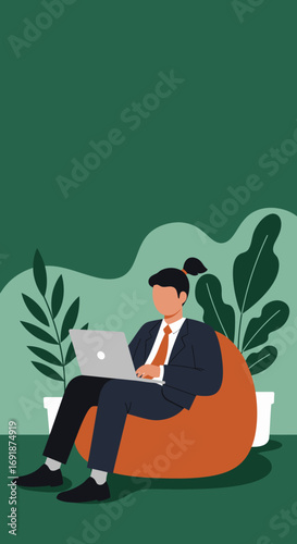 Professional working remotely on laptop from a comfortable beanbag chair in a modern, relaxed green office setting. Ideal for business, freelance, and lifestyle concepts.