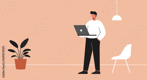 Young man working remotely on a laptop in a modern, minimalist home office. Concept of productivity, freelance work, and virtual collaboration.