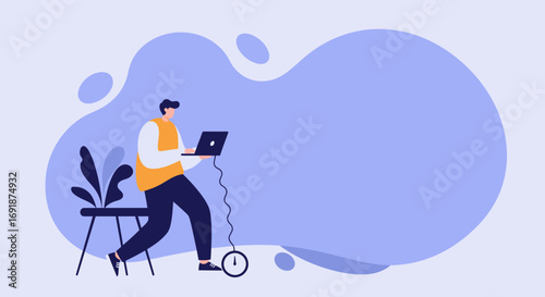 Focused man uses laptop, connected to a clock, symbolizing efficient remote work and time management in a modern digital environment.