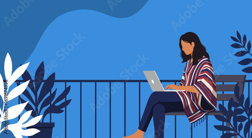 Woman works on a laptop outdoors on a balcony, surrounded by plants, showcasing remote work, a flexible lifestyle, and productive independence.