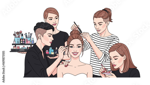 Professional makeup artists and hairstylists collaborating to create a stunning bridal look for a beautiful young woman on her wedding day