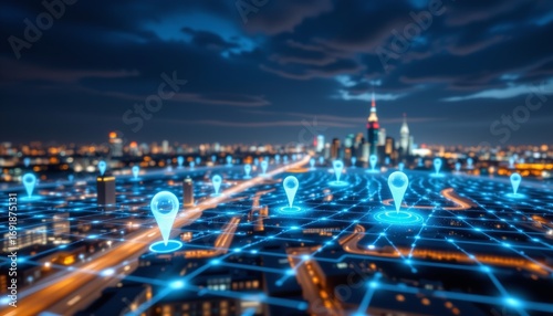 Smart logistics visualization in urban landscape futuristic city digital network map close-up technological advancements