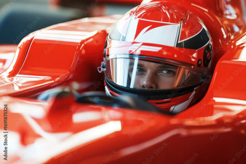 Fototapeta premium Race Car Driver in Red Helmet