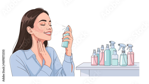 Young woman with closed eyes happily spraying facial mist onto her face with a collection of beauty products in the background
