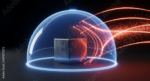 DDoS defense dome: Cube protected by a dome shield against a stream of particles