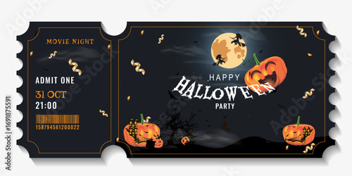 Happy Halloween! Spooky ticket design for your Halloween party or movie night. Featuring pumpkins, witches and a full moon. Perfect for invitations and flyers! Vector, editable.