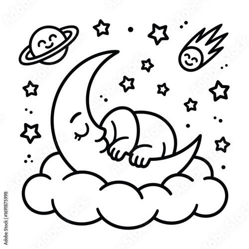A cute crescent moon character sleeping on a cloud surrounded by stars and a planet vector