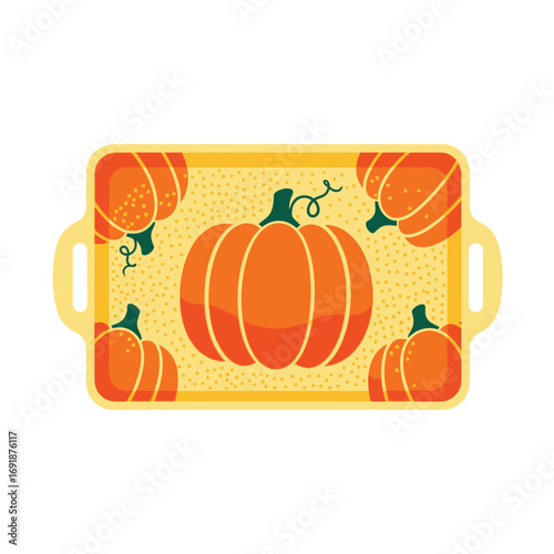 Decorative serving tray with a pumpkin pattern, perfect for presenting food at a Thanksgiving holiday dinner party.