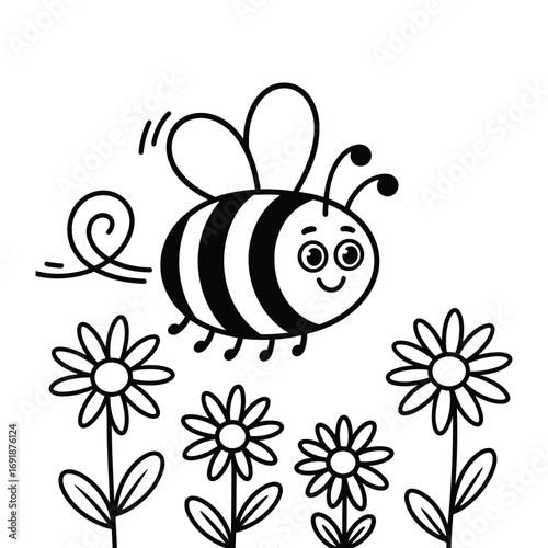 A happy cartoon bee with black stripes and cute wings flies over simple daisy flowers insect animal