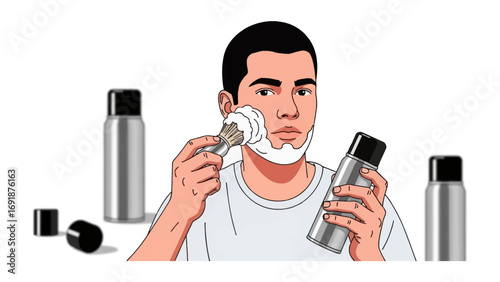 Young man with short dark hair shaving his face with a razor and shaving cream surrounded by shaving products on a white background